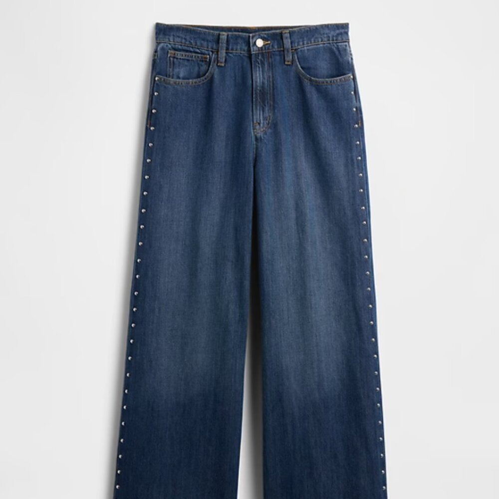 Gap High Rise SuperSoft Studded Wide-Leg Jeans Size 8, Dark Indigo